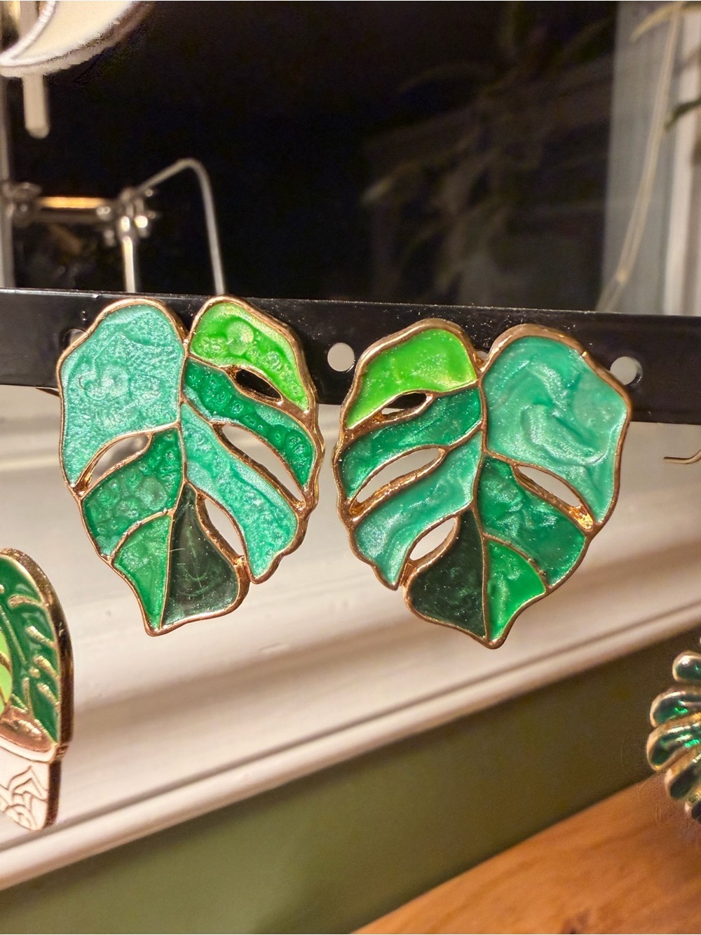 Green Monstera Leaf Enamel Earrings